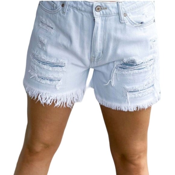 KanCan Jean Denim Shorts High Rise Distressed Raw Hem‎ Midi Light Blue 26 - Picture 1 of 14